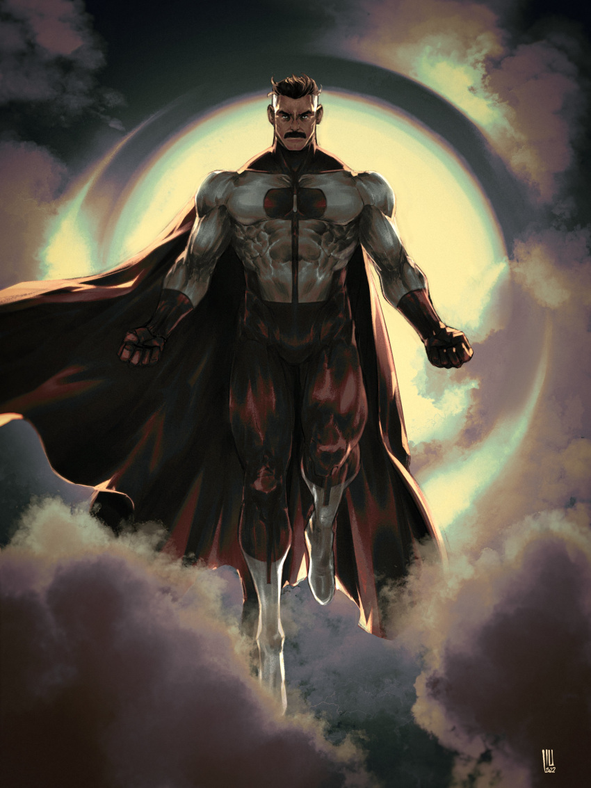 1boy absurdres black_hair blue_eyes bodysuit clenched_hands cloud david_liu english_commentary english_text facial_hair floating gloves highres invincible_(series) looking_at_viewer male_focus moon muscular muscular_male mustache omniman red_gloves skin_tight superhero undercut white_bodysuit
