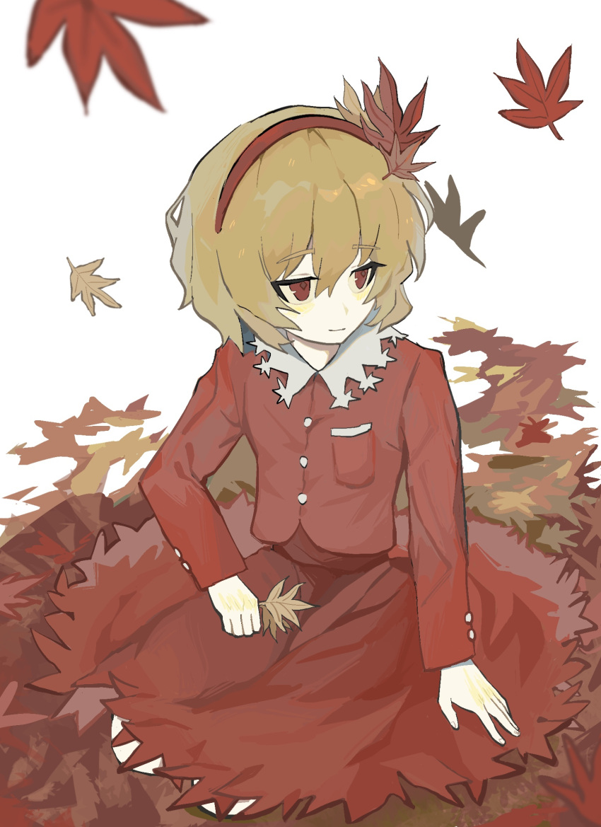 1girl aki_shizuha autumn_leaves blonde_hair buttons closed_mouth collared_shirt hair_between_eyes hair_ornament hairband highres leaf leaf_hair_ornament long_sleeves maple_leaf red_eyes red_hairband red_skirt red_vest shirt shiye_hong short_hair simple_background skirt solo touhou vest white_background