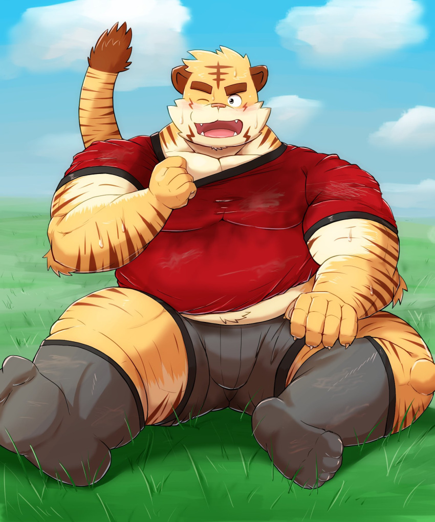 2022 anthro belly big_belly blush bodily_fluids bottomwear bulge clothing detailed_background feet felid hi_res humanoid_hands kemono male mammal mohumohudansi one_eye_closed outside overweight overweight_male pantherine shirt shorts sitting solo sweat tiger topwear