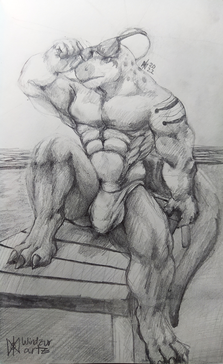 2022 3_toes 5_fingers abs anthro balls_outline beach beach_chair biceps big_bulge big_muscles big_penis big_tail bulge claws clothed clothing collared_lizard common_collared_lizard deltoids detailed_bulge digitigrade eyewear feet fingers flaccid genital_outline genitals graphite_(artwork) hi_res holding_eyewear holding_object holding_sunglasses humanoid_genitalia humanoid_penis latissimus_dorsi lizard looking_away male markings monochrome monroe_lehner mostly_nude mostly_nude_anthro mostly_nude_male muscular muscular_anthro muscular_male muscular_thighs obliques outside partially_clothed partially_clothed_anthro partially_clothed_male pecs pencil_(artwork) penis penis_base penis_outline public public_exposure raised_leg reptile sand scalie seaside sitting sketch sky solo speedo speedo_only spots spread_legs spreading striped_markings stripes sun sunbathing sunglasses swimwear thick_penis toe_claws toes topless topless_anthro topless_male traditional_media_(artwork) trapezius triceps unaware water windzurartz