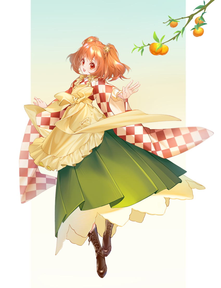 1girl :d apron bangs bell boots branch brown_footwear checkered_clothes checkered_kimono commentary_request food frilled_apron frills fruit full_body green_skirt hair_bell hair_ornament highres japanese_clothes kimono long_sleeves looking_at_viewer mandarin_orange medium_hair motoori_kosuzu open_mouth orange_hair red_eyes red_kimono skirt smile solo touhou two_side_up vieny white_kimono wide_sleeves yellow_apron