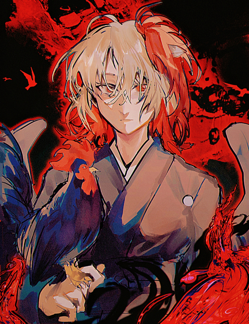 1girl absurdres alternate_costume animal bird bird_on_hand bird_wings black_kimono blonde_hair chicken closed_mouth heinrich_(fernanderuddle) highres japanese_clothes kimono long_sleeves multicolored_hair niwatari_kutaka obi red_eyes red_hair sash short_hair solo touhou two-tone_hair upper_body wide_sleeves wings