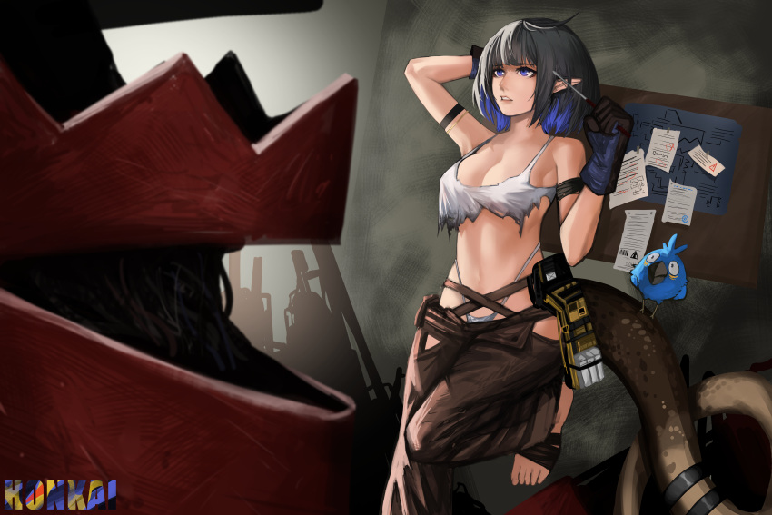 1girl absurdres arknights arm_strap arm_up bare_shoulders black_gloves black_hair blue_eyes blue_hair breasts brown_pants camisole cleavage crop_top eunectes_(arknights) eunectes_(forgemaster)_(arknights) gloves hand_up high_priest_(arknights) highres honkai_(honkai1954) large_breasts midriff multicolored_hair navel official_alternate_costume pants parted_lips pointy_ears short_hair snake_tail spaghetti_strap standing standing_on_one_leg stomach tail