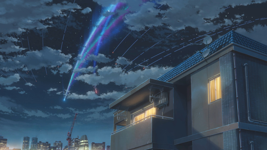 absurdres air_conditioner antennae architecture building cable city cloud cloudy_sky crane_(machine) highres house industrial_pipe japan kimi_no_na_wa. kite kite_flying light night night_sky no_humans official_art pipeline satellite_dish shinjuku_(tokyo) sky star_(sky) tokyo_(city) window