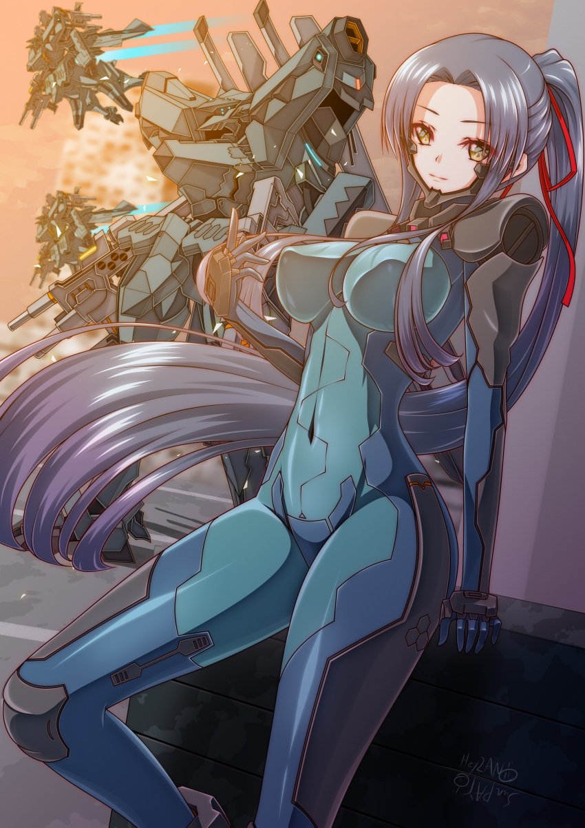 1girl absurdres bangs black_hair blue_bodysuit blue_eyes blue_gloves bodysuit breasts commission covered_navel covered_nipples extra_eyes f-22a_raptor_(muvluv) floating_hair flying fortified_suit gloves glowing glowing_eyes gun heyzan highres holding holding_gun holding_weapon large_breasts long_hair mecha muvluv muvluv_alternative original parted_bangs ponytail robot science_fiction skeb_commission smile tactical_surface_fighter very_long_hair weapon yellow_eyes