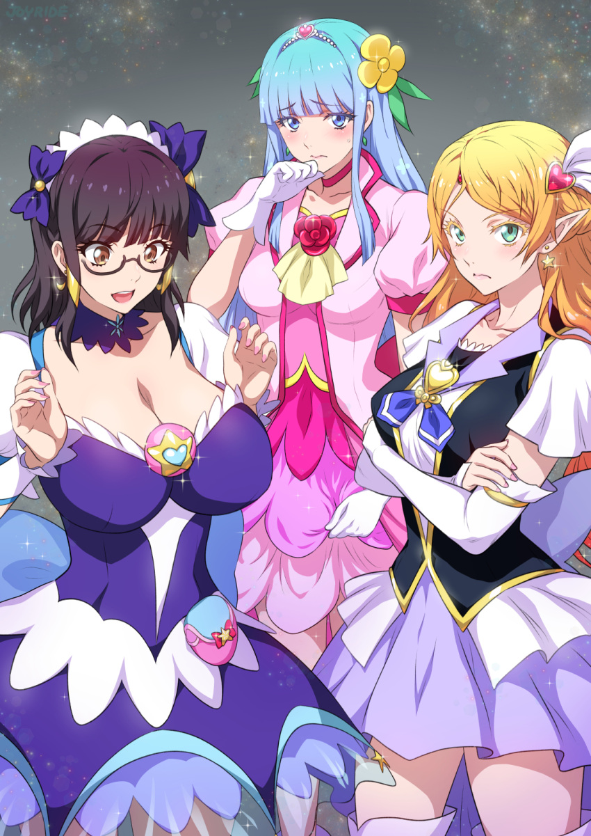 3girls :d bangs black_hair blonde_hair blue_hair blunt_bangs bow breasts bridal_gauntlets choker cleavage closed_mouth collarbone commentary cosplay cowboy_shot crossed_arms detached_sleeves flower forehead frilled_skirt frills fujimiya_sumika_(isekai_ojisan) glasses gloves green_eyes hair_flower hair_ornament hand_up highres isekai_ojisan joy_ride large_breasts looking_at_viewer mabel_raybert maid_headdress medium_breasts multiple_girls open_mouth pink_choker pink_skirt precure puffy_short_sleeves puffy_sleeves purple_bow rose short_sleeves skirt smile sparkle sui_(isekai_ojisan) sweat teeth tiara upper_teeth v-shaped_eyebrows voice_actor_connection white_gloves