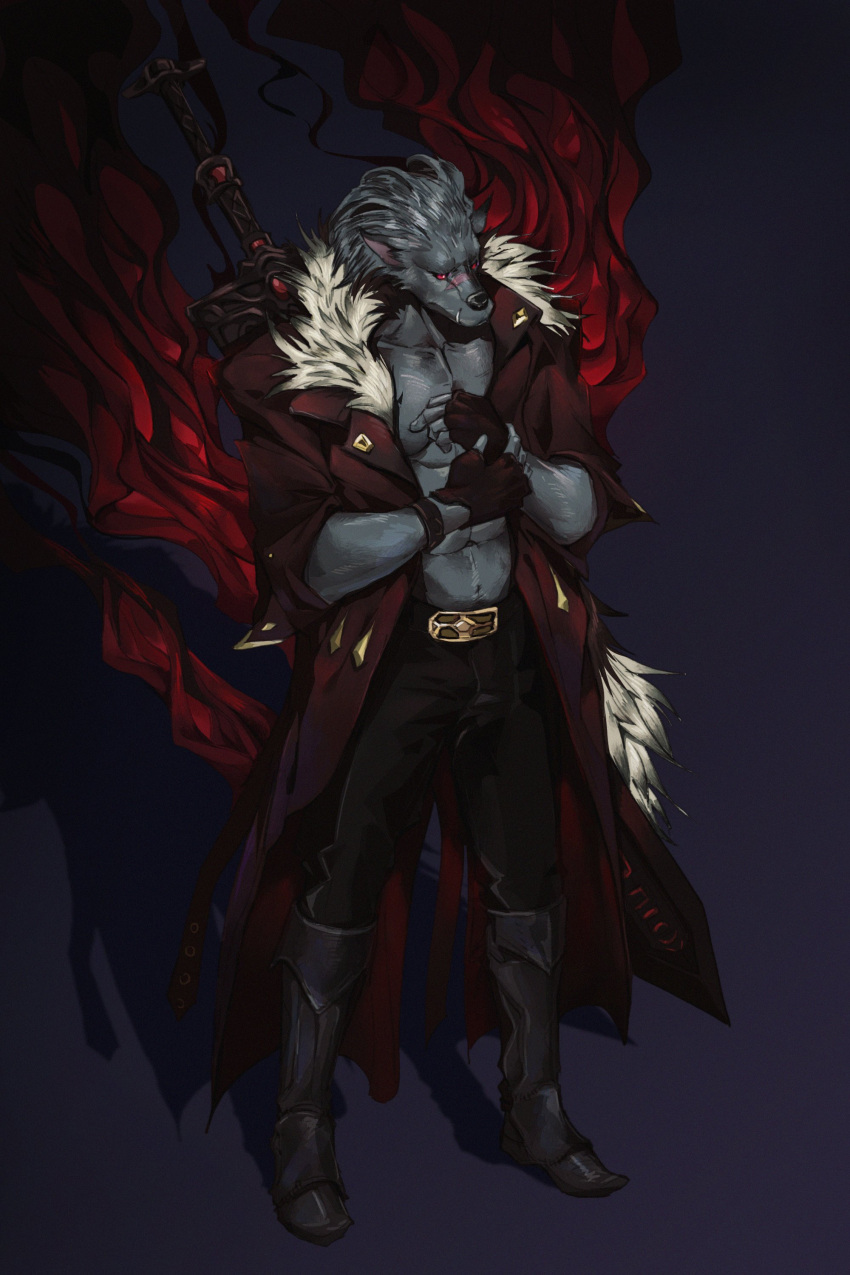 absurd_res anthro blaidd_(elden_ring) boots canid canine canis clothing coat elden_ring eruprior fangs fingerless_gloves footwear fromsoftware gloves handwear hi_res male mammal melee_weapon red_eyes red_smoke scar shirtless solo sword topwear trenchcoat video_games weapon wolf