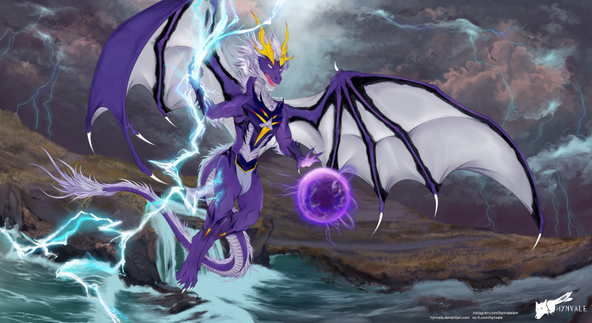 angry anthro asian_mythology claws cloud cloudscape dark detailed_background dragon east_asian_mythology eastern_dragon fulgerion hair hi_res horn hynvale lavender_body leaf lightning magic male mountain mythology nature orb pose power purple_body river rock scalie screaming sky solo storm tail_motion tailwag thunder water waterfall western_dragon wings yellow_horn