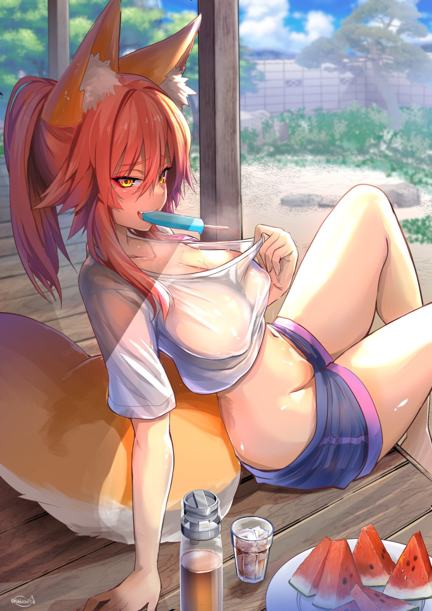 1girl animal_ear_fluff animal_ears backyard breasts deck_(architecture) fang fate_(series) fox_ears fox_girl fox_tail garden highres iced_tea large_breasts midriff nipples no_bra outdoors pink_hair popsicle_in_mouth see-through shirt short_shorts short_sleeves shorts solo summer sweat t-shirt tail tamamo_(fate) tamamo_no_mae_(fate/extra) thermos tree watermelon_slice white_shirt wisespeak yellow_eyes