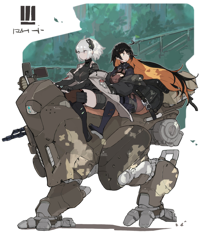 2girls ahoge awestruck black_coat black_gloves black_hair blue_eyes brown_thighhighs cloak closed_mouth coat dappled_sunlight driving elbow_gloves english_text fingerless_gloves forest gloves grey_cloak grey_hair gun handgun headgear highres holding holding_weapon holster long_hair mecha multicolored_hair multiple_girls nature one_(dnjsaos86) open_mouth orange_hair original outdoors pouch purple_eyes railing robot science_fiction see-through short_hair sitting sunlight thigh_pouch thighhighs torn torn_clothes turtleneck two-tone_hair very_long_hair walking weapon wide-eyed