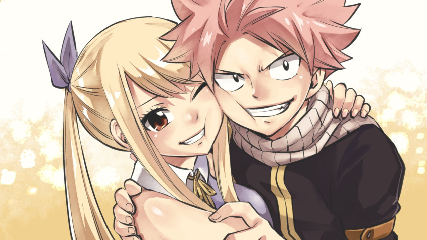 1boy 1girl black_eyes blonde_hair brown_eyes cheek-to-cheek cheek_press fairy_tail fang hand_on_another's_shoulder heads_together highres hug long_hair looking_at_viewer lucy_heartfilia mashima_hiro natsu_dragneel official_art one_eye_closed pink_hair scarf shirt short_hair side_ponytail sleeveless sleeveless_shirt spiked_hair striped striped_scarf teeth upper_body yellow_background