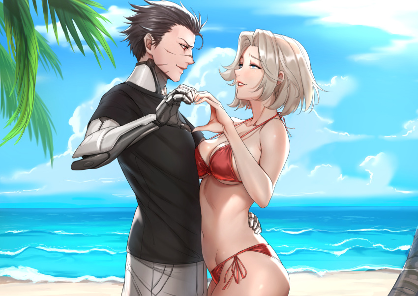 1boy 1girl arm_around_waist beach bikini blue_eyes blue_sky breast_press breasts casual cleavage cloud cloudy_sky commission cyborg day english_commentary eye_contact eyeshadow genji_(overwatch) grey_hair heart heart_hands heart_hands_duo height_difference hetero highres looking_at_another makeup mechanical_arms medium_breasts mercy_(overwatch) metal_skin multiple_scars navel overwatch overwatch_1 pink_eyeshadow red_bikini red_eyes scar scar_on_face second-party_source shirt short_hair side-tie_bikini sky smile spaghetti_strap strap_gap sturmjager swimsuit t-shirt underboob younger