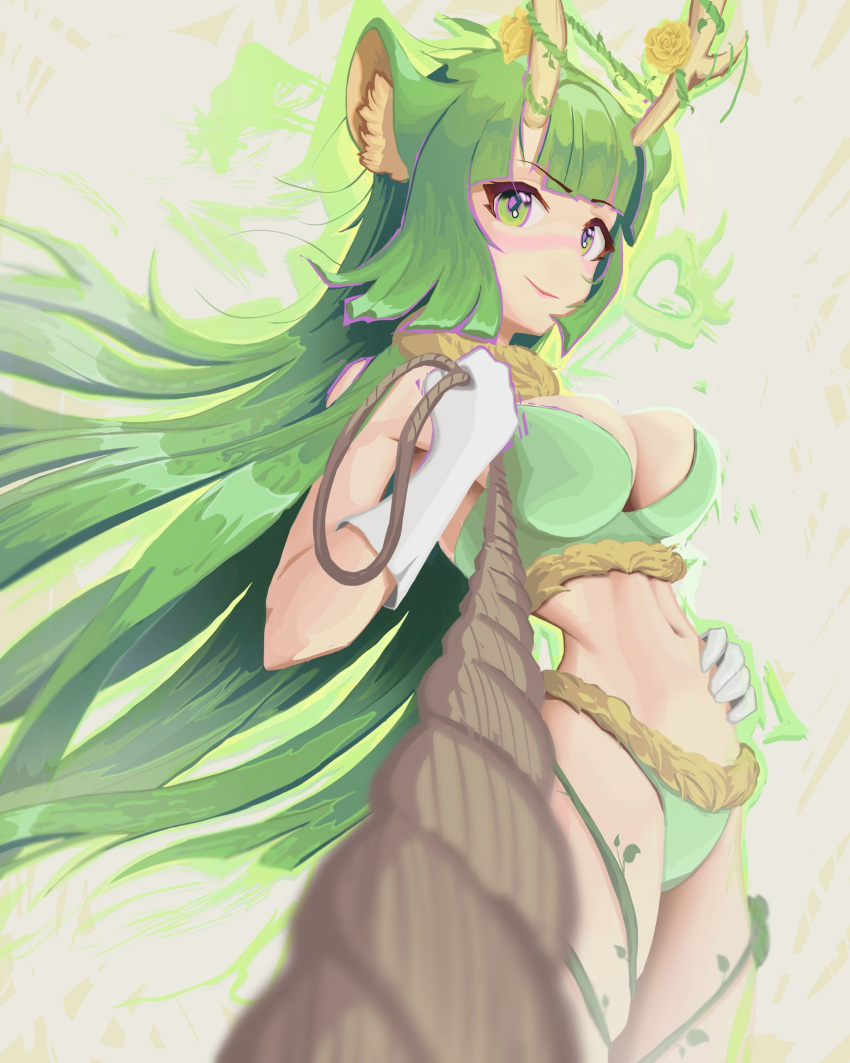 1girl animal_ear_fluff animal_ears bangs blush bra breasts brown_scarf cleavage creativecookie english_commentary floating_hair fur_scarf fur_trim gloves green_bra green_eyes green_hair green_panties hand_on_hip haruka_karibu highres holding horns indie_virtual_youtuber leash long_hair looking_at_viewer medium_breasts moose_ears moose_girl navel panties plant pov rope scarf smile stomach underwear underwear_only very_long_hair viewer_on_leash vines virtual_youtuber white_gloves