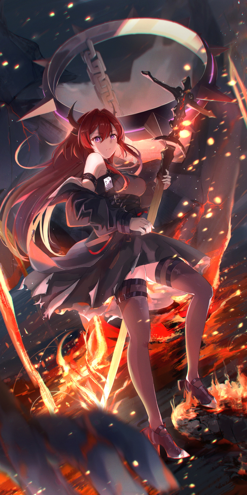 1girl absurdres arknights armlet bangs bare_shoulders black_dress black_footwear black_jacket black_thighhighs breasts chain closed_mouth dress full_body high_heels highres holding holding_sword holding_weapon horns huge_weapon infection_monitor_(arknights) jacket large_breasts long_hair long_sleeves looking_at_viewer molten_rock monster off_shoulder open_clothes open_jacket purple_eyes red_hair solo standing surtr_(arknights) sword thigh_strap thighhighs underbust very_long_hair weapon yukai_nao zettai_ryouiki