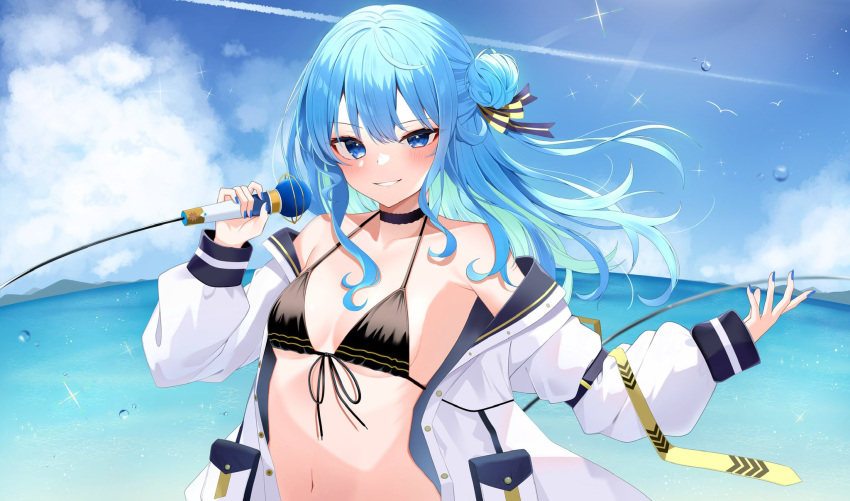 1girl bangs blue_eyes blue_hair blush breasts choker cloud hair_between_eyes highres holding holding_microphone hololive hoshimachi_suisei jacket long_hair looking_at_viewer microphone nail_polish navel ocean rei_(rei_9146) side_ponytail sky small_breasts smile solo star_(symbol) virtual_youtuber water