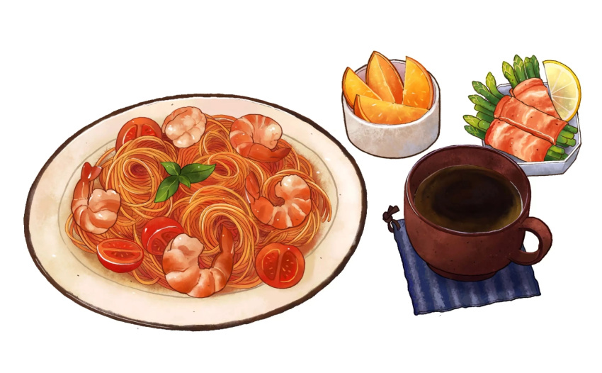 abaoyaonuli asparagus bacon cherry_tomato coaster coffee cup food food_focus fruit garnish lemon lemon_slice orange_(fruit) orange_slice original pasta plate shrimp simple_background spaghetti still_life tomato white_background