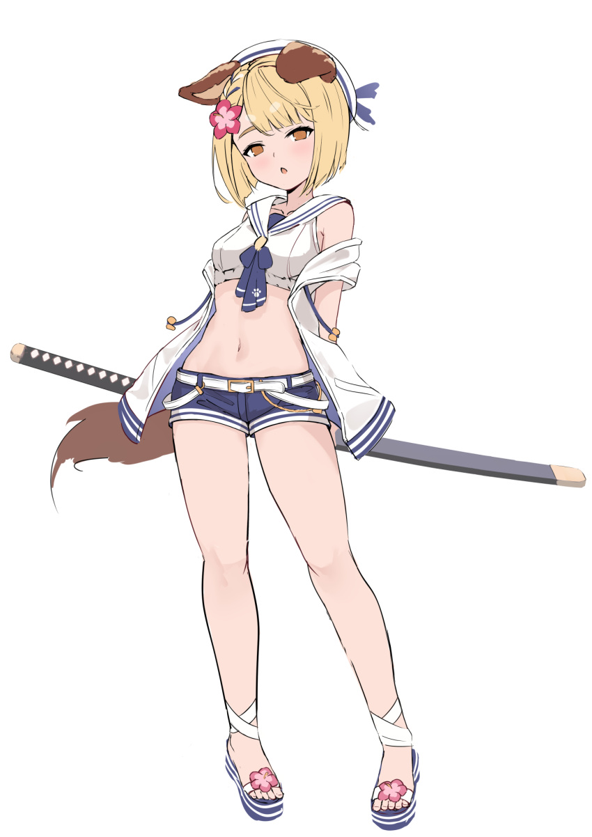 1girl animal_ears blonde_hair blue_shorts breasts denim denim_shorts dog_ears dog_girl dog_tail erune flower full_body granblue_fantasy hair_flower hair_ornament hat highres jacket katana kimblee looking_at_viewer midriff navel open_mouth sailor_bikini sailor_collar sailor_hat sandals shorts sleeveless sleeveless_jacket small_breasts solo standing sword tail vajra_(granblue_fantasy) vajra_(summer)_(granblue_fantasy) weapon white_jacket yellow_eyes