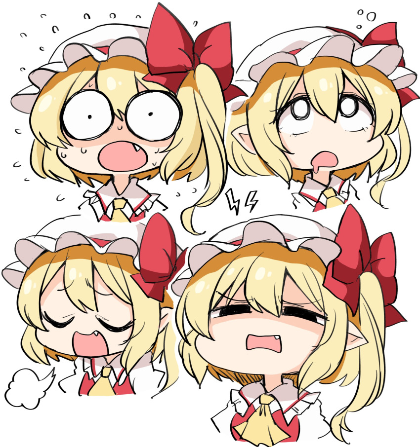 1girl :o ascot bangs blonde_hair bow closed_eyes collared_shirt expressions fang flandre_scarlet flying_sweatdrops flying_teardrops frilled_shirt_collar frills furrowed_brow hair_between_eyes hat hat_bow hat_ribbon highres looking_at_viewer mob_cap multiple_views one_side_up open_mouth pointy_ears puffy_short_sleeves puffy_sleeves red_bow red_ribbon red_vest ribbon shirt short_hair short_sleeves simple_background suwa_yasai touhou v-shaped_eyebrows vest white_background white_headwear white_shirt yellow_ascot