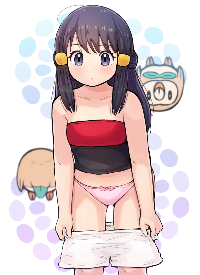 1girl akari_(pokemon) bangs bare_arms black_hair blush bow bow_panties closed_mouth collarbone commentary_request dressing eyelashes grey_eyes hair_ornament hairclip highres kutabireta_neko leaning_forward long_hair panties pink_panties pokemon pokemon_(game) pokemon_legends:_arceus rowlet shirt shorts sidelocks strapless strapless_shirt underwear white_background white_shorts