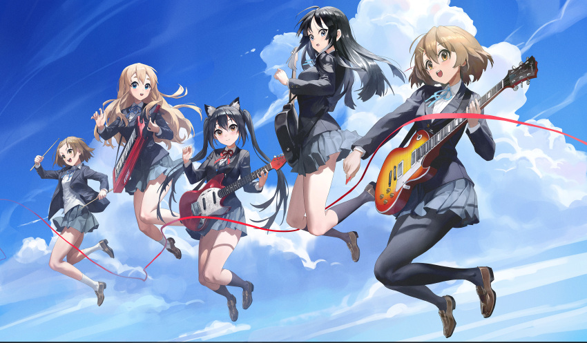 5girls :d absurdres akiyama_mio animal_ear_fluff animal_ears bangs bass_guitar black_hair black_jacket black_pantyhose black_socks blazer blonde_hair blue_eyes blue_jacket blue_ribbon blue_skirt blue_sky blush brown_eyes brown_footwear brown_hair cat_ears closed_mouth cloud collared_shirt drumsticks electric_guitar everyone full_body grey_background grey_skirt guitar hair_between_eyes hairband highres hime_cut hirasawa_yui holding holding_drumsticks holding_instrument instrument jacket jumping k-on! keyboard_(instrument) keytar kneehighs kotobuki_tsumugi loafers long_hair long_sleeves looking_at_viewer looking_back multiple_girls nakano_azusa neck_ribbon open_clothes open_jacket open_mouth pantyhose pleated_skirt red_ribbon ribbon sakuragaoka_high_school_uniform school_uniform shirt shoes short_hair sidelocks simple_background skirt sky smile socks tainaka_ritsu teeth ttk_(kirinottk) twintails upper_teeth white_shirt white_socks yellow_hairband