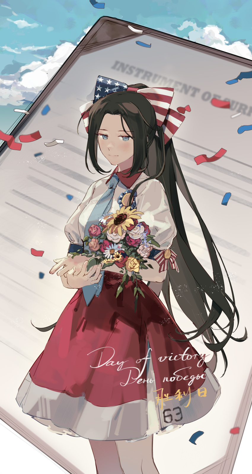 1girl absurdres american_flag american_flag_print battleship black_hair blue_eyes blue_sky bow cloud flag_print hair_bow highres long_hair mecha_musume military military_vehicle original personification ponytail print_bow puffy_short_sleeves puffy_sleeves red_skirt ship shirt short_sleeves skirt sky solo standing uss_missouri_(bb-63) warship watercraft white_shirt yorktown_cv-5