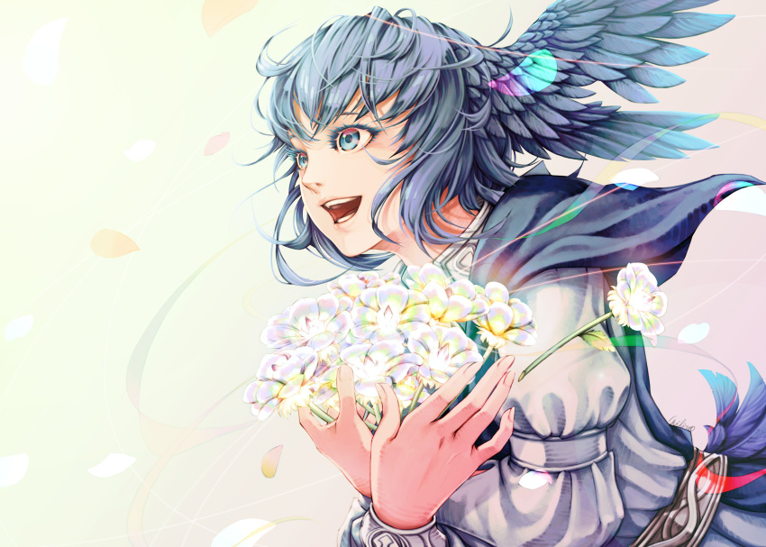 1girl bird_girl bird_tail blue_capelet blue_eyes blue_hair capelet feathered_wings final_fantasy final_fantasy_xiv flower glowing_flower head_wings highres meteion mihira_(tainosugatayaki) open_mouth petals short_hair solo tail upper_body wings