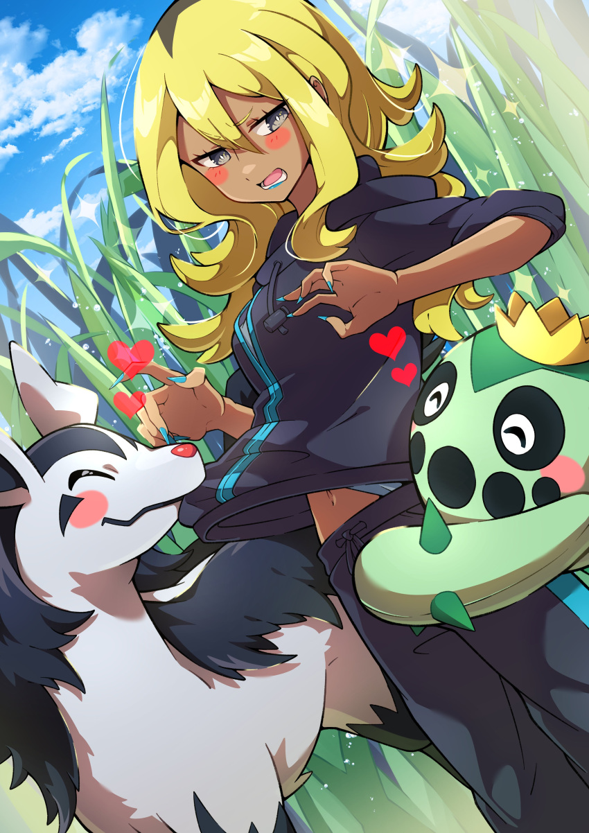1girl absurdres affectionate bangs blonde_hair blush_stickers cacnea cloud commentary_request dark-skinned_female dark_skin day delinquent_(pokemon) eyelashes grey_eyes hair_between_eyes heart highres jacket lipstick long_hair looking_down lower_teeth makeup mightyena navel open_mouth outdoors pants pokemon pokemon_(creature) pokemon_(game) pokemon_oras pon_yui sky tall_grass tassel teeth tongue