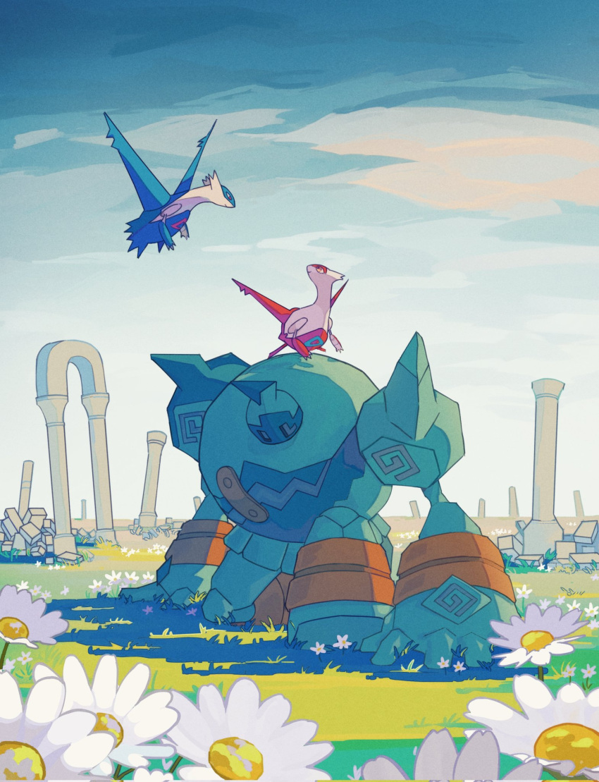 arch claws closed_mouth day feyzi flower golurk grass highres latias latios looking_back no_humans outdoors pokemon pokemon_(creature) white_flower yellow_eyes