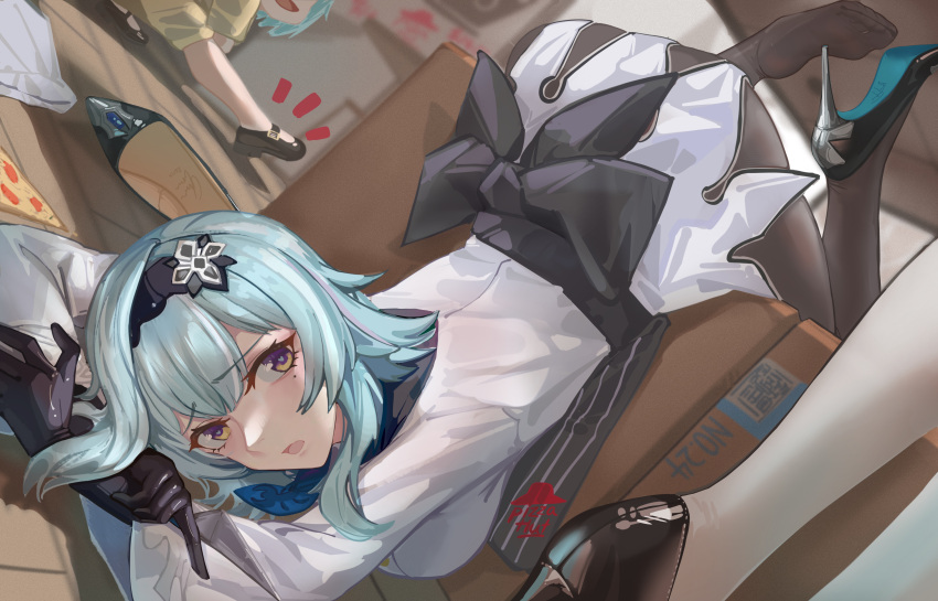 absurdres apron ass bangs black_apron black_footwear black_hairband black_pantyhose blue_hair blush box breasts butterfly_hair_ornament cardboard_box eula_(genshin_impact) food genshin_impact gloves hair_between_eyes hair_ornament hairband high_heels highres indoors large_breasts long_sleeves looking_at_viewer medium_breasts medium_hair mole mole_under_eye multicolored_eyes multiple_girls necktie no_shoes on_ground open_mouth pantyhose pizza pizza_hut pizza_slice purple_eyes shoes single_shoe striped striped_apron toe_seam tripped uniform yellow_eyes yukiale