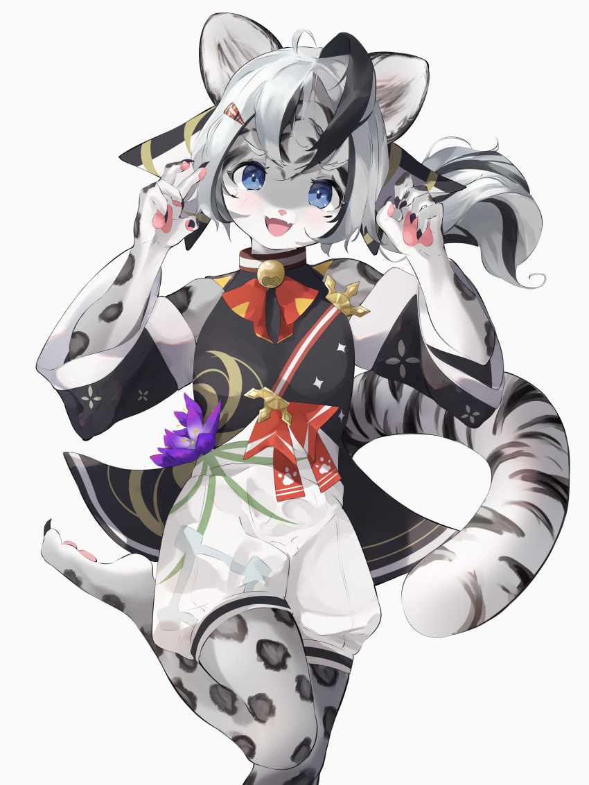 2022 5_fingers absurd_res ahoge anthro barefoot black_body black_fur black_hair blush breasts claws clothed clothing cute_fangs feet felid female female_anthro finger_claws fingers fur grey_body grey_fur hair happy hi_res kemono looking_at_viewer mammal markings multicolored_body multicolored_fur multicolored_hair multicolored_tail on_one_leg open_mouth open_smile pantherine pawpads pink_nose portrait pose silver_hair simple_background small_breasts smile smiling_at_viewer snow_leopard solo spots spotted_body spotted_fur standing three-quarter_portrait toe_claws toes translated_description white_background white_body white_fur yenamika