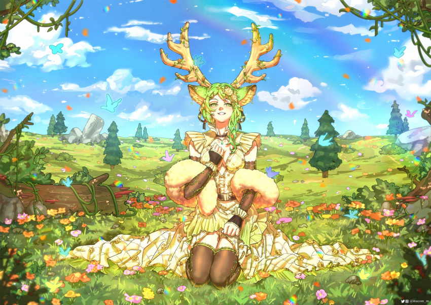 1girl alternate_costume animal_ears antlers belt black_belt black_gloves black_thighhighs breasts cleavage cloud dress english_commentary fingerless_gloves flower gloves green_hair hair_flower hair_ornament hand_on_own_chest haruka_karibu highres indie_virtual_youtuber kneeling log long_hair macom_m medium_breasts moose_ears moose_girl pine_tree pink_flower plant rainbow red_flower rock sky solo thighhighs tree vines yellow_dress yellow_flower