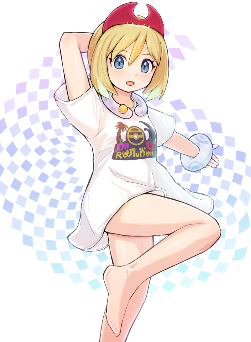 1girl arm_behind_head bangs barefoot blonde_hair blue_eyes blush bracelet collar commentary_request eyelashes hair_between_eyes hairband highres irida_(pokemon) jewelry kutabireta_neko leg_up long_shirt looking_at_viewer open_mouth outstretched_arm pokemon pokemon_(game) pokemon_legends:_arceus print_shirt red_hairband shirt short_hair short_sleeves solo white_shirt