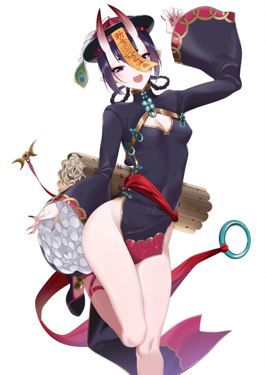 1girl :d alternate_costume ankle_bell bangs bare_legs bell black_dress black_headwear black_nails blush braid breasts china_dress chinese_clothes cleavage cleavage_cutout clothing_cutout covered_navel dress eyeliner fang fate/grand_order fate_(series) fingernails frilled_sleeves frills hair_rings hat highres horns jiangshi jiangshi_costume jingle_bell leg_up long_fingernails long_sleeves looking_at_viewer makeup nail_polish ofuda oni oni_horns open_mouth oxygen_mask_(oxygenmask233) peacock_feathers pelvic_curtain pointy_ears purple_eyes purple_hair qing_guanmao sash short_eyebrows short_hair shuten_douji_(fate) shuten_douji_(festival_outfit)_(fate) side_slit sidelocks simple_background skin-covered_horns skin_fang small_breasts smile solo standing standing_on_one_leg talisman thighs very_long_fingernails white_background wide_sleeves