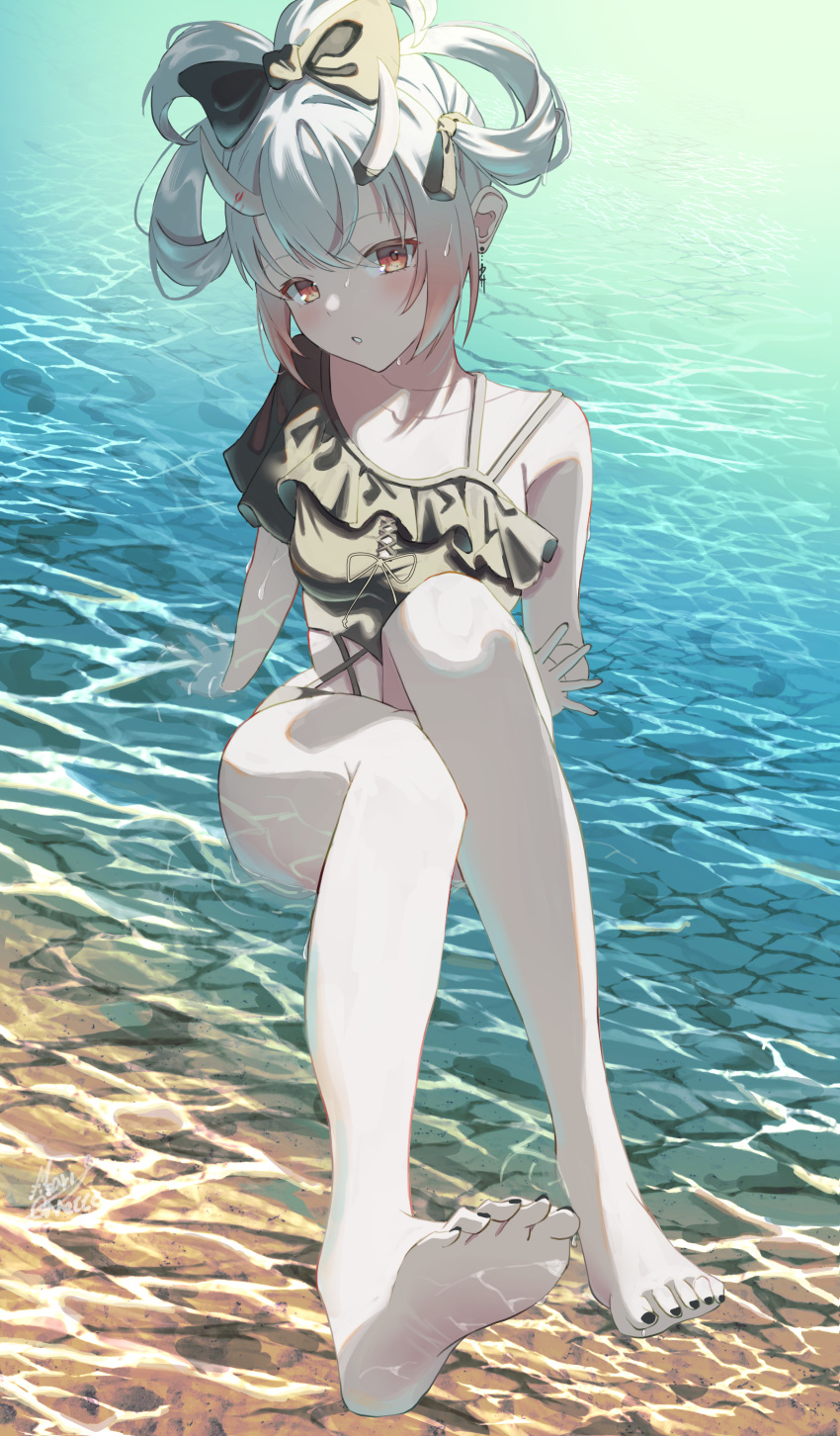 1girl absurdres alternate_hairstyle arm_support bare_arms bare_legs barefoot black_bow black_one-piece_swimsuit blush borrowed_hairstyle bow caustics colored_tips cross-laced_clothes drop_earrings earrings feet frilled_swimsuit frills full_body gradient_hair hair_bow hair_up highres hololive horns jewelry looking_at_viewer maria_onnette multicolored_hair nail_polish nakiri_ayame oni_horns outdoors parted_lips red_eyes shallow_water sitting_on_water soles solo spaghetti_strap swimsuit toenail_polish toenails toes updo virtual_youtuber water wet white_hair
