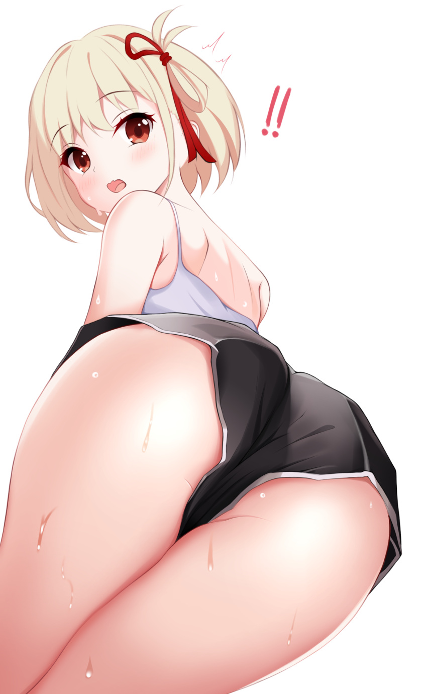 ! !! 1girl :o absurdres ass ass_focus black_shorts blonde_hair bob_cut camisole fang hair_ribbon highres looking_back lycoris_recoil nishikigi_chisato one_side_up open_mouth penguin_uwu red_eyes red_ribbon ribbon short_hair short_shorts shorts simple_background solo sweat white_background white_camisole