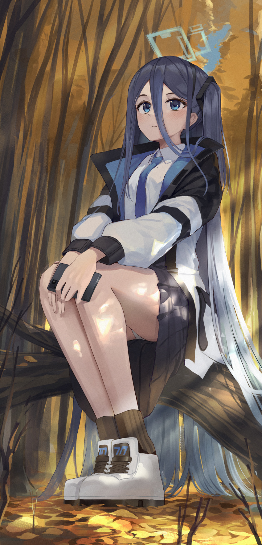 1girl absurdres arisu_(blue_archive) bangs bare_tree black_hair black_skirt black_socks blue_archive blue_eyes blue_necktie branch cellphone collared_shirt commentary_request day goback hair_between_eyes halo highres holding holding_phone jacket long_hair long_sleeves necktie one_side_up open_clothes open_jacket outdoors panties parted_lips phone pleated_skirt puffy_long_sleeves puffy_sleeves ribbed_legwear shirt shoes sitting skirt socks solo tree underwear very_long_hair white_footwear white_jacket white_panties white_shirt