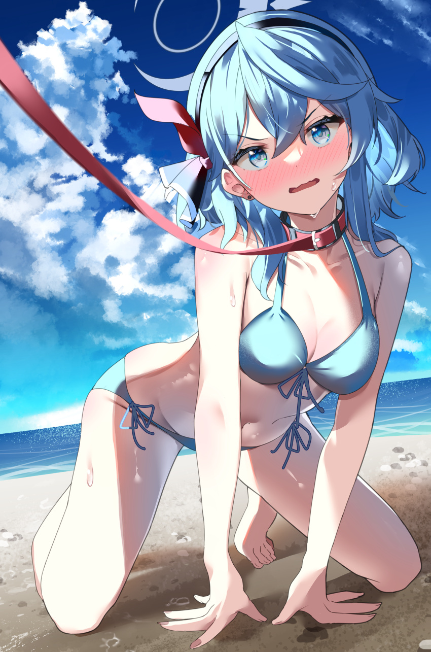 1girl absurdres ako_(blue_archive) all_fours beach bikini blue_archive blue_bikini blue_eyes blue_hair blue_hairband blue_sky blush breasts cleavage cloud collarbone day hairband halo highres holding holding_leash hosigarasu22 large_breasts leash long_hair navel ocean open_mouth outdoors sand side-tie_bikini sky solo stomach sweat swimsuit viewer_holding_leash wavy_mouth