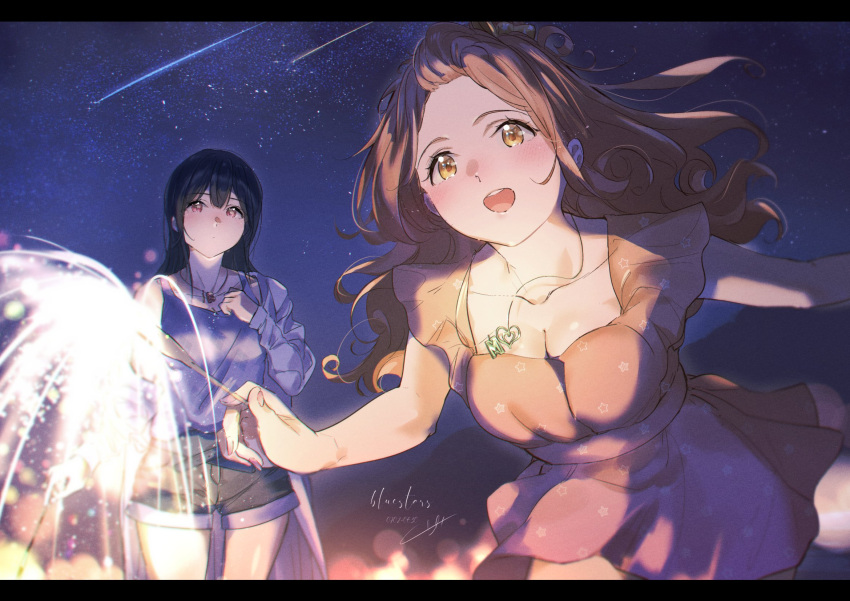 2girls bangs blue_hair blue_shirt blue_shorts blush breasts brown_eyes brown_hair cleavage closed_mouth collarbone dress fireworks hands_up hibike!_euphonium highres holding_fireworks jewelry kenzaki_ririka kuziaaizuk leaning_forward liz_to_aoi_tori long_hair looking_at_another looking_at_viewer multiple_girls necklace night night_sky open_mouth orange_dress outdoors outstretched_arms pink_eyes shirt shooting_star short_sleeves shorts sky smile sparkler spread_arms standing star_(sky) teeth upper_teeth yoroizuka_mizore