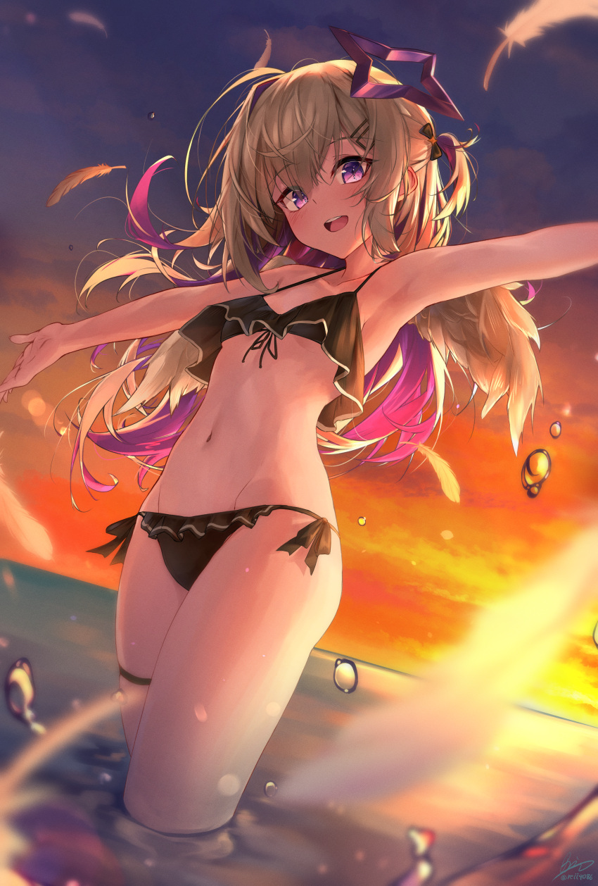 1girl absurdres amane_kanata angel angel_wings armpits bangs bare_arms bikini black_bikini blurry blurry_foreground blush bow breasts dutch_angle falling_feathers feathers frilled_bikini frills from_below grey_hair groin hair_bow hair_ornament hairclip halo halterneck highres hololive long_hair looking_at_viewer multicolored_hair navel open_mouth orange_sky outdoors outstretched_arms pink_hair purple_eyes rei_(9086) side-tie_bikini sidelocks signature sky small_breasts smile solo star_halo stomach swimsuit thighlet thighs two_side_up virtual_youtuber wading water water_drop wings