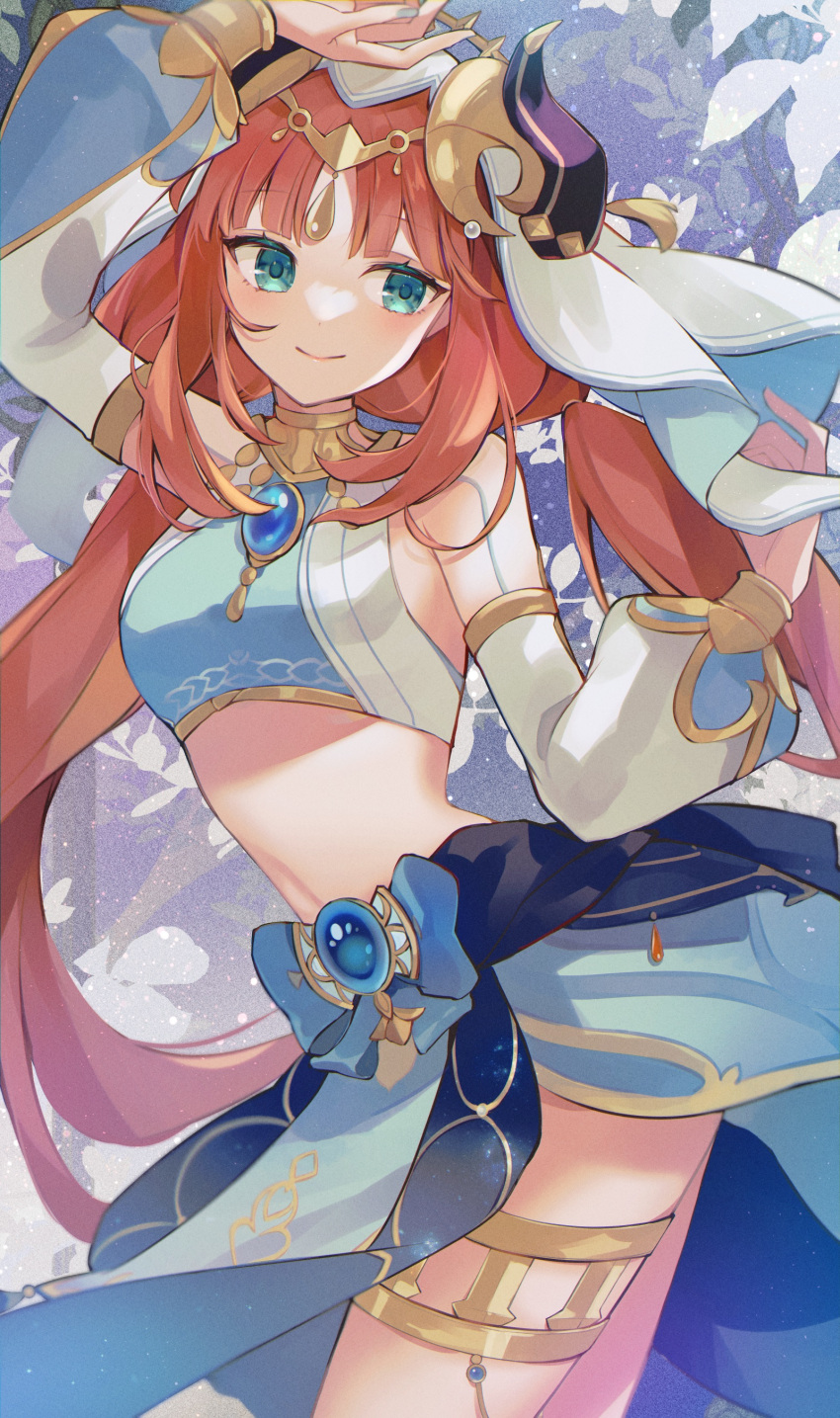1girl 7aka_ne11 absurdres arm_up blue_gemstone blush breasts brooch closed_mouth cowboy_shot crop_top detached_sleeves dot_nose forehead_jewel gem genshin_impact gold_choker green_eyes hand_up harem_outfit highres horns jewelry long_hair long_sleeves nilou_(genshin_impact) parted_lips puffy_long_sleeves puffy_sleeves red_hair shirt skirt sleeveless sleeveless_shirt small_breasts smile solo stomach thighlet thighs twisted_torso vambraces veil vision_(genshin_impact) white_headdress white_sleeves