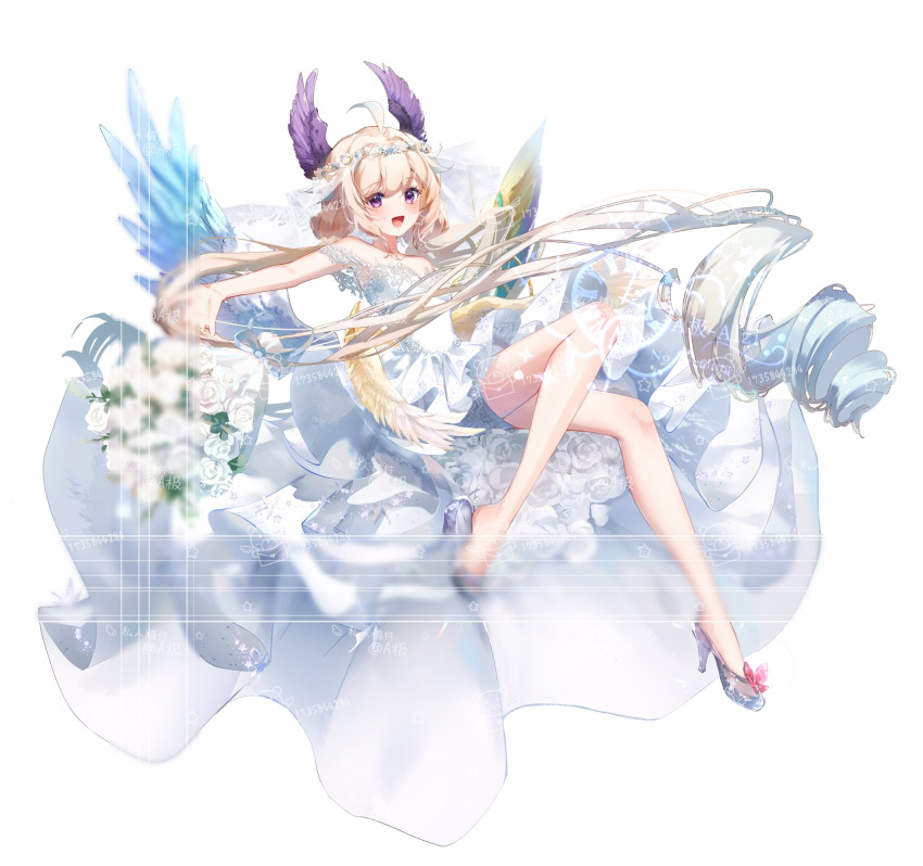 1girl a_ji absurdly_long_hair ahoge bangs bird_girl blonde_hair blue_hair blush bouquet breasts dress enna_alouette flower full_body gradient_hair hair_flower hair_ornament head_wings high_heels highres long_hair looking_at_viewer low_twintails mechanical_wings multicolored_eyes multicolored_hair nijisanji nijisanji_en open_mouth purple_eyes purple_wings rose simple_background sleeveless small_breasts smile solo strapless strapless_dress transparent_footwear twintails very_long_hair virtual_youtuber watermark wedding_dress white_background white_dress white_flower white_rose white_wings wings yellow_eyes