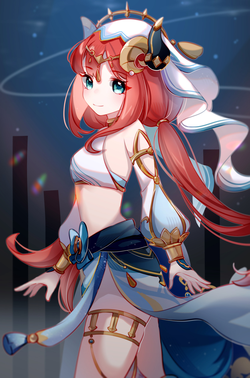 1girl absurdres bedlah black_background blue_background blue_eyes closed_mouth crop_top fake_horns genshin_impact grey_background hair_ornament highres horns linnoko long_hair looking_at_viewer multicolored_background nilou_(genshin_impact) orange_hair smile solo thigh_strap