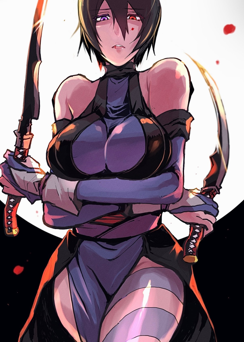 1girl arms_under_breasts bangs bare_shoulders black_hair blood blood_on_face blue_eyes blue_gloves dual_wielding full_moon futabamidori gloves heterochromia highres holding holding_sword holding_weapon japanese_clothes lips looking_at_viewer moon night night_sky ninja outdoors red_eyes samurai_spirits shiki_(samurai_spirits) short_hair short_sword sky solo sword tantou tattoo weapon