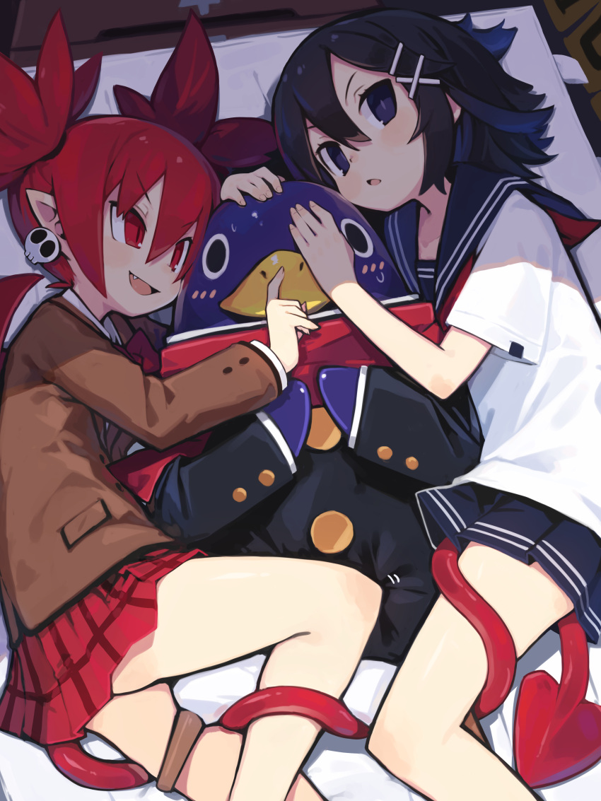 2girls absurdres asagiri_asagi bangs black_eyes blue_eyes blue_hair blue_sailor_collar blue_skirt blush bow bowtie brown_jacket collarbone demon_tail disgaea double_horizontal_stripe earrings etna_(disgaea) fang feet_out_of_frame flipped_hair full_body hair_between_eyes hair_ornament hairclip hand_on_another's_face hand_on_another's_mouth highres index_finger_raised indoors jacket jewelry light_blush long_hair long_sleeves looking_at_another looking_at_viewer medium_hair miniskirt multiple_girls on_bed open_mouth peg_leg plaid plaid_skirt pleated_skirt pointy_ears prinny red_bow red_bowtie red_eyes red_hair red_scarf red_skirt sailor_collar scarf school_uniform serafuku shirt short_eyebrows short_sleeves sidelocks skirt skull_earrings slit_pupils smile straight_hair tail tsurime twintails v-shaped_eyebrows white_shirt x_hair_ornament zizi_niisan