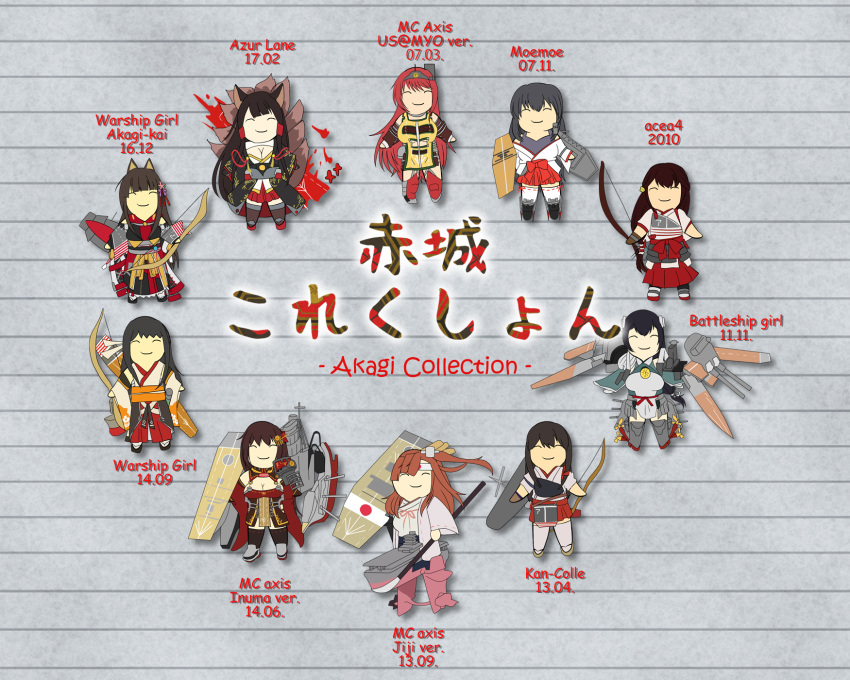 aircraft_carrier akagi_(aircraft_carrier) akagi_(azur_lane) akagi_(battleship_girl) akagi_(kancolle) akagi_(warship_girls_r) animal_ears apron azur_lane battleship_girl black_hair black_kimono borrowed_character bow_(weapon) brown_gloves brown_hair cannon closed_eyes crossover fake_animal_ears flight_deck fox_ears fox_girl fox_tail gloves hair_ornament hakama hakama_short_skirt hakama_skirt headband highres holding holding_bow_(weapon) holding_weapon japanese_clothes kantai_collection kaw_asa_ki kimono long_hair look-alike low-tied_long_hair machinery mc_axis mecha_musume military military_vehicle multiple_tails muneate namesake original partially_fingerless_gloves personification red_hair red_hakama remodel_(warship_girls_r) rigging sakuramon ship side_ponytail single_glove skirt smile smokestack straight_hair tail tasuki thighhighs turret very_long_hair warship warship_girls_r watercraft weapon white_kimono white_thighhighs yugake yumi_(bow)