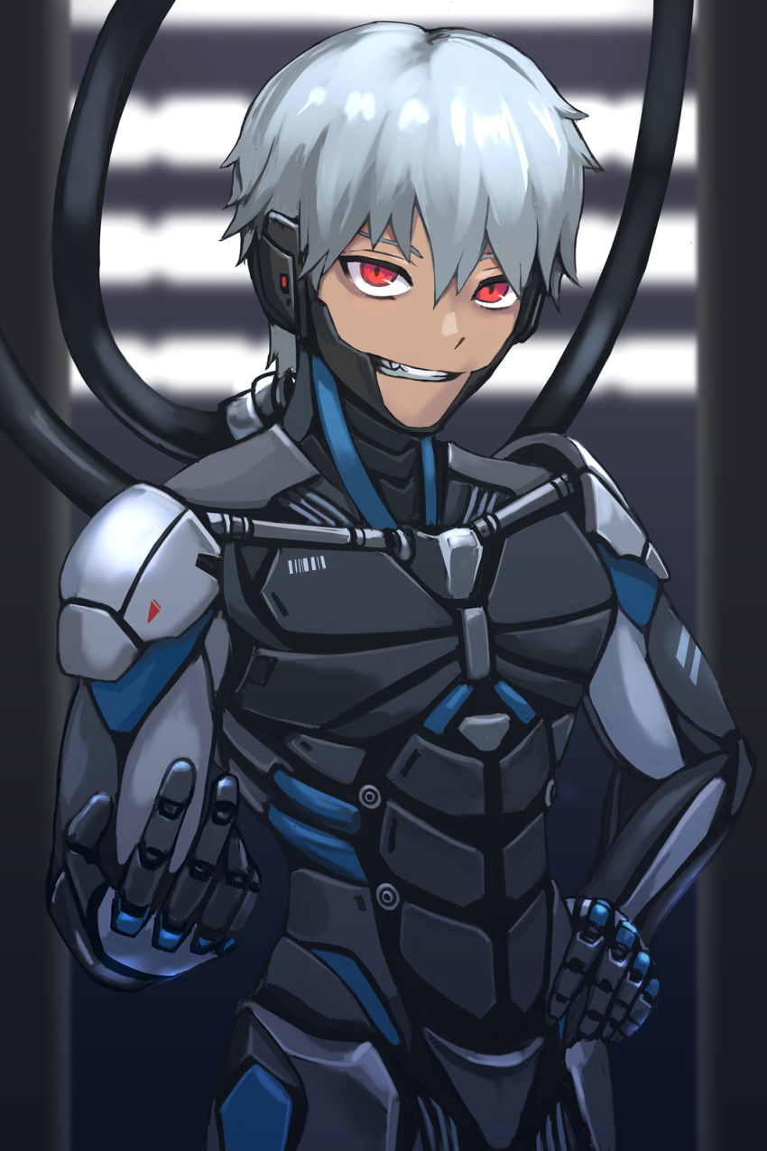 1boy armor cable commission cyborg grey_hair grin hand_on_hip highres looking_at_viewer original red_eyes science_fiction skeb_commission smile solo sunao_(70_the)