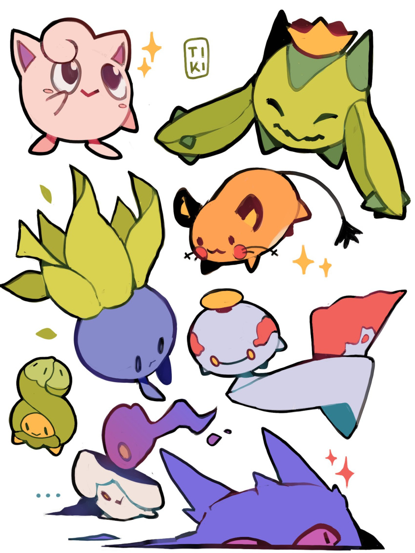 ... :&gt; budew cacnea chimecho closed_mouth commentary dedenne english_commentary gengar highres jigglypuff litwick no_humans oddish pokemon pokemon_(creature) simple_background smile sparkle standing tiki_(tikivt) white_background