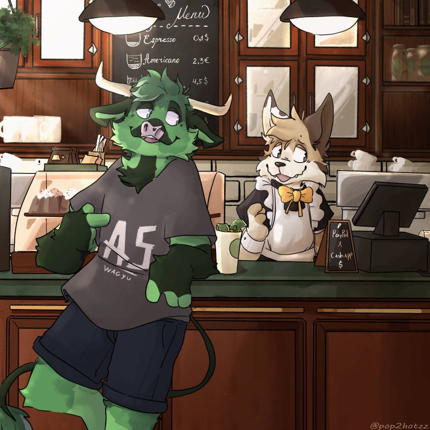 absurd_res anthro baked_goods beverage bottomwear bovid bovine bow_tie cafe cake canid canine canis cattle clothed clothing coffee coffee_cup coffee_shop container counter cup dessert detailed_background domestic_dog dress duo embarrassed food fur gesture green_body green_fur head_tuft hi_res horn jar maid_uniform male mammal menu_board overhead_lighting pointing pop2hotzz shirt shorts t-shirt tip_jar topwear tuft uniform