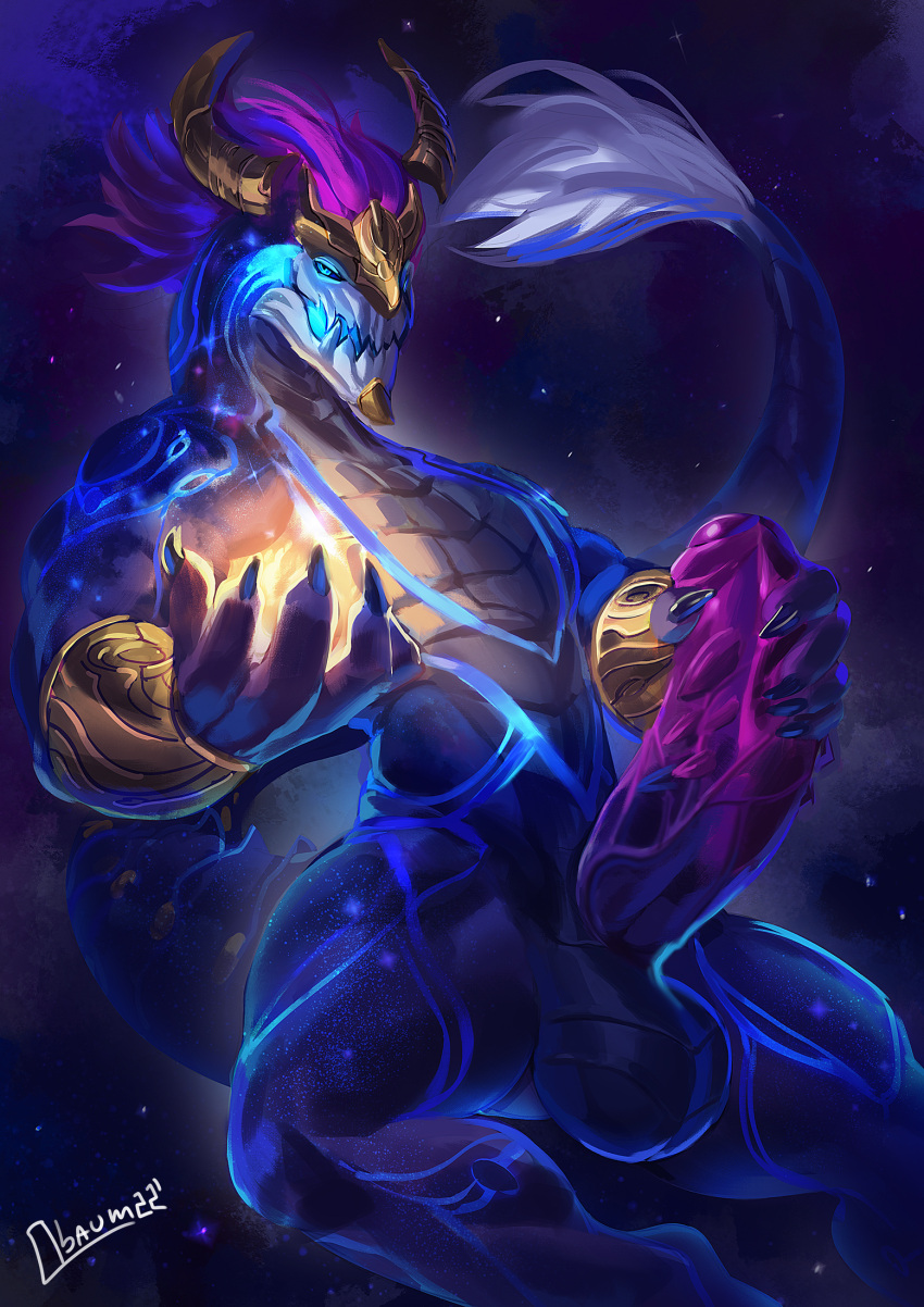 2022 anthro artist_name asian_mythology aurelion_sol_(lol) balls bedroom_eyes biceps big_penis bioluminescence blue_body blue_eyes claws digital_media_(artwork) dragon east_asian_mythology eastern_dragon erection genitals glowing hair hi_res league_of_legends looking_at_viewer male masturbation muscular muscular_thighs mythology narrowed_eyes night nude obaum penis presenting presenting_penis riot_games scalie seductive signature solo space triceps vein veiny_penis video_games