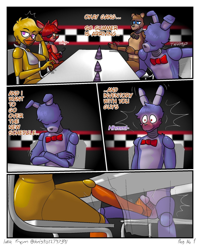 anthro avian bird bird_feet bonnie_(fnaf) bored canid canine chica_(fnaf) chicken clothing comic feet feet_on_balls female five_nights_at_freddy's foot_fetish foot_play footjob fox foxy_(fnaf) freddy_(fnaf) furniture galliform gallus_(genus) group hat headgear headwear hi_res lagomorph leporid male male/female mammal meeting party_hat phasianid public rabbit scottgames sex shocked table tablecloth tired ursid video_games yerolay